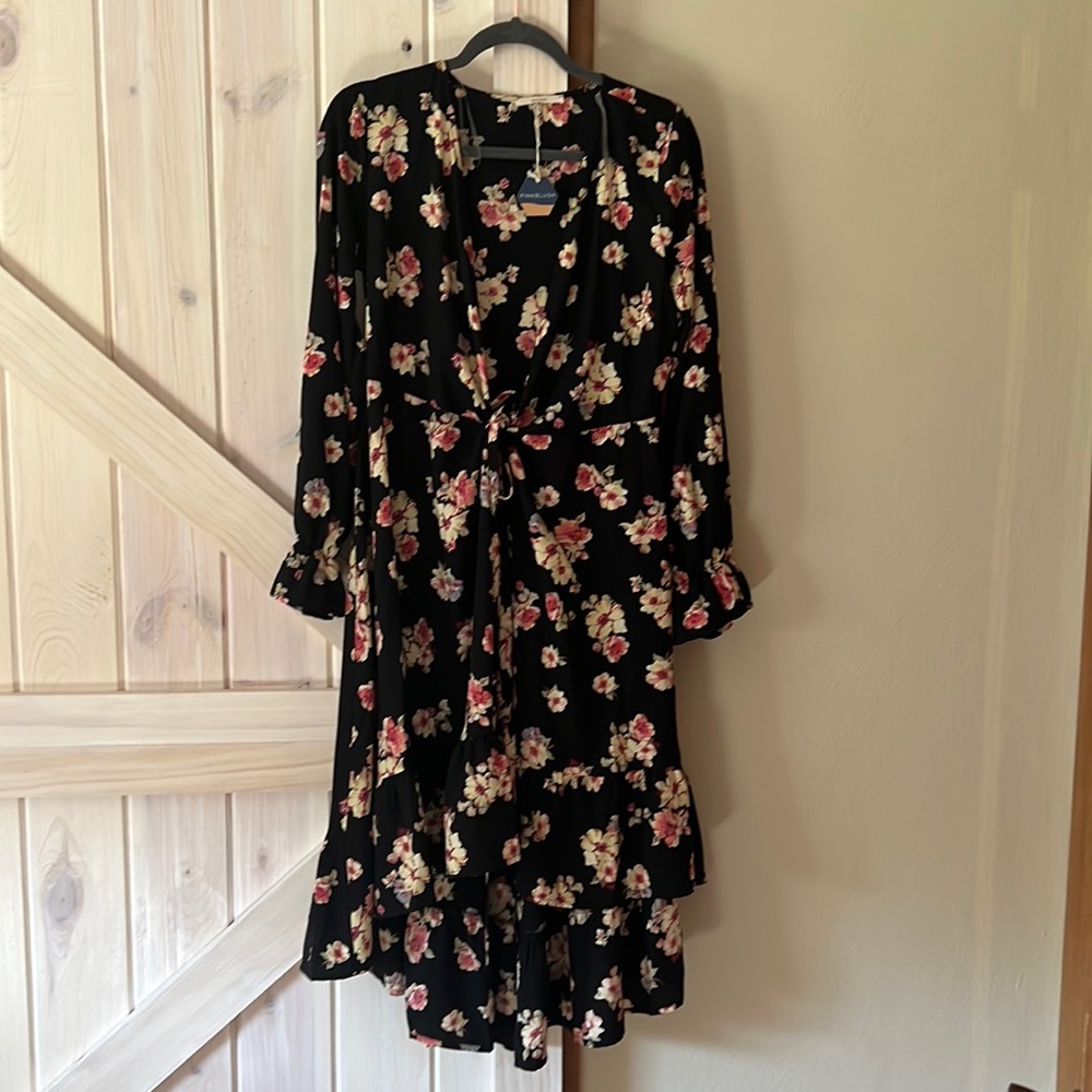 Pink Blush black floral wrap dress